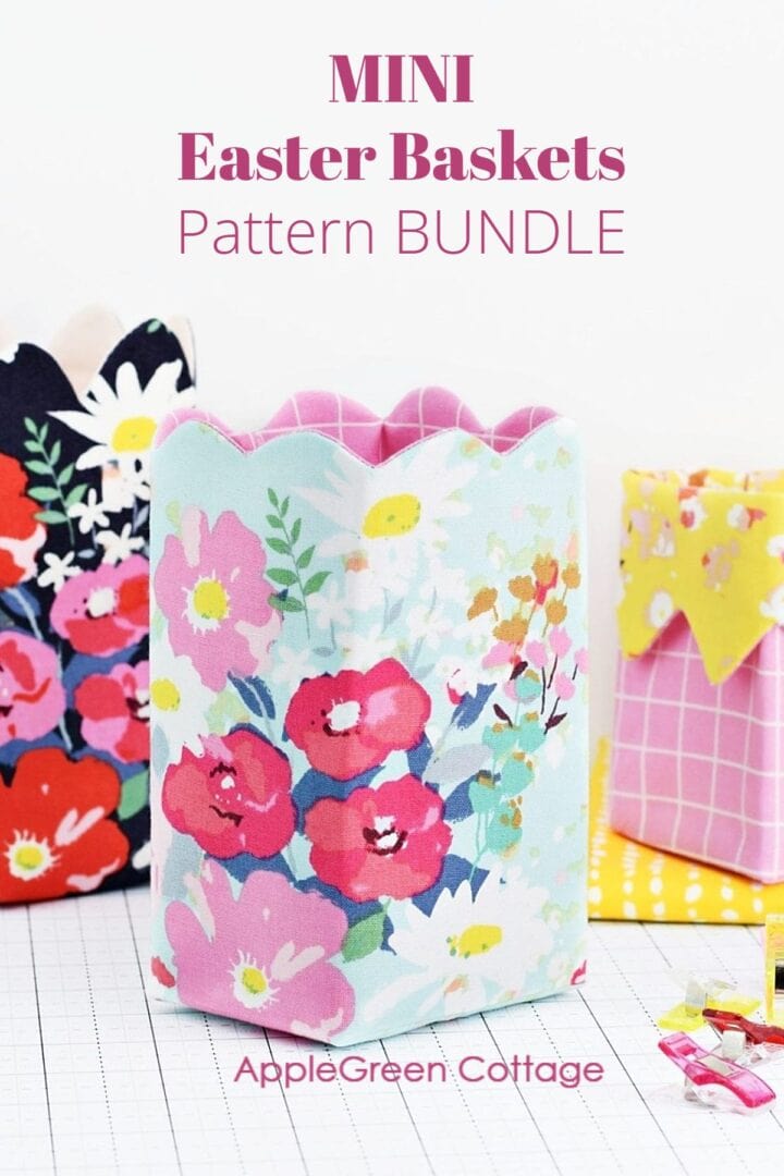 Three beautiful finished mini Easter baskets in floral quilting cvotton collection by Minki Kim.