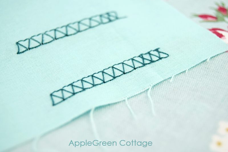 mock overlock stitch on blue fabric 