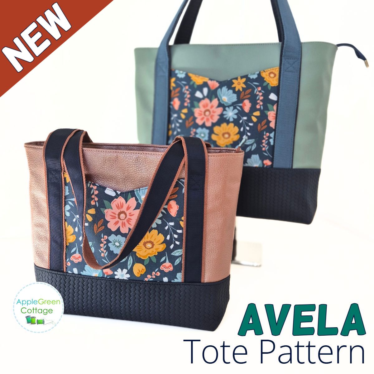 AVELA Tote Pattern in two sizes with recessed zipper, pockets, and layered handles.