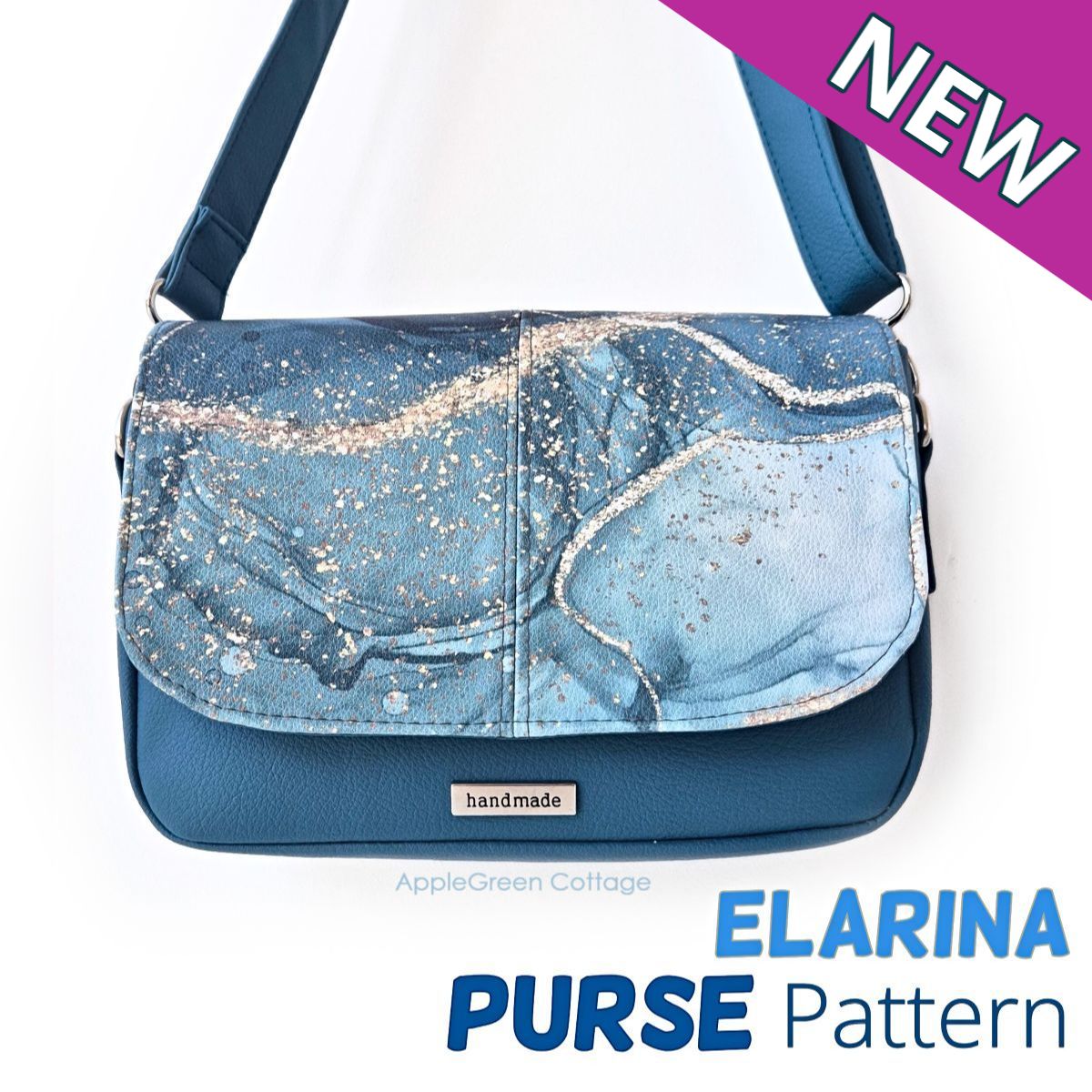 Blue handmade Elarina crossbody bag with marbled flap design, displayed hanging by its strap.