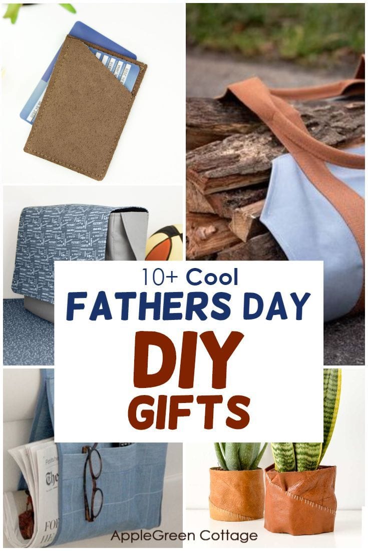 a collage of sewn diy gifts for men in denim and leather look