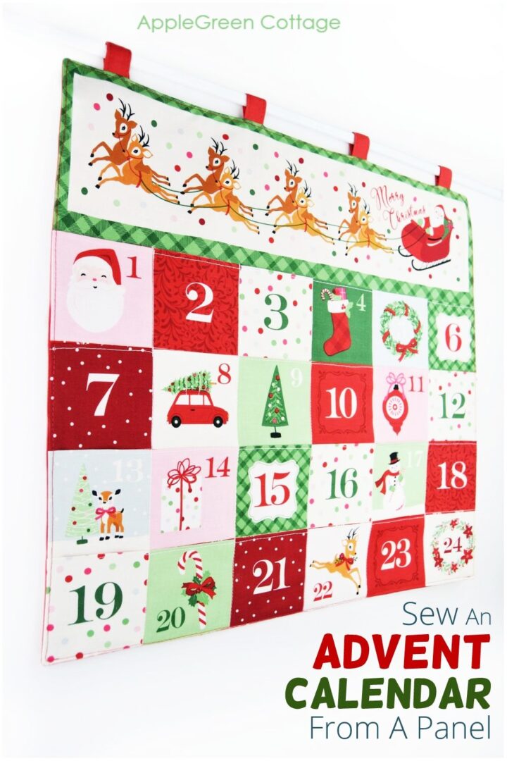 a finished advent calendar sewn from a Christmas advent fabric panel