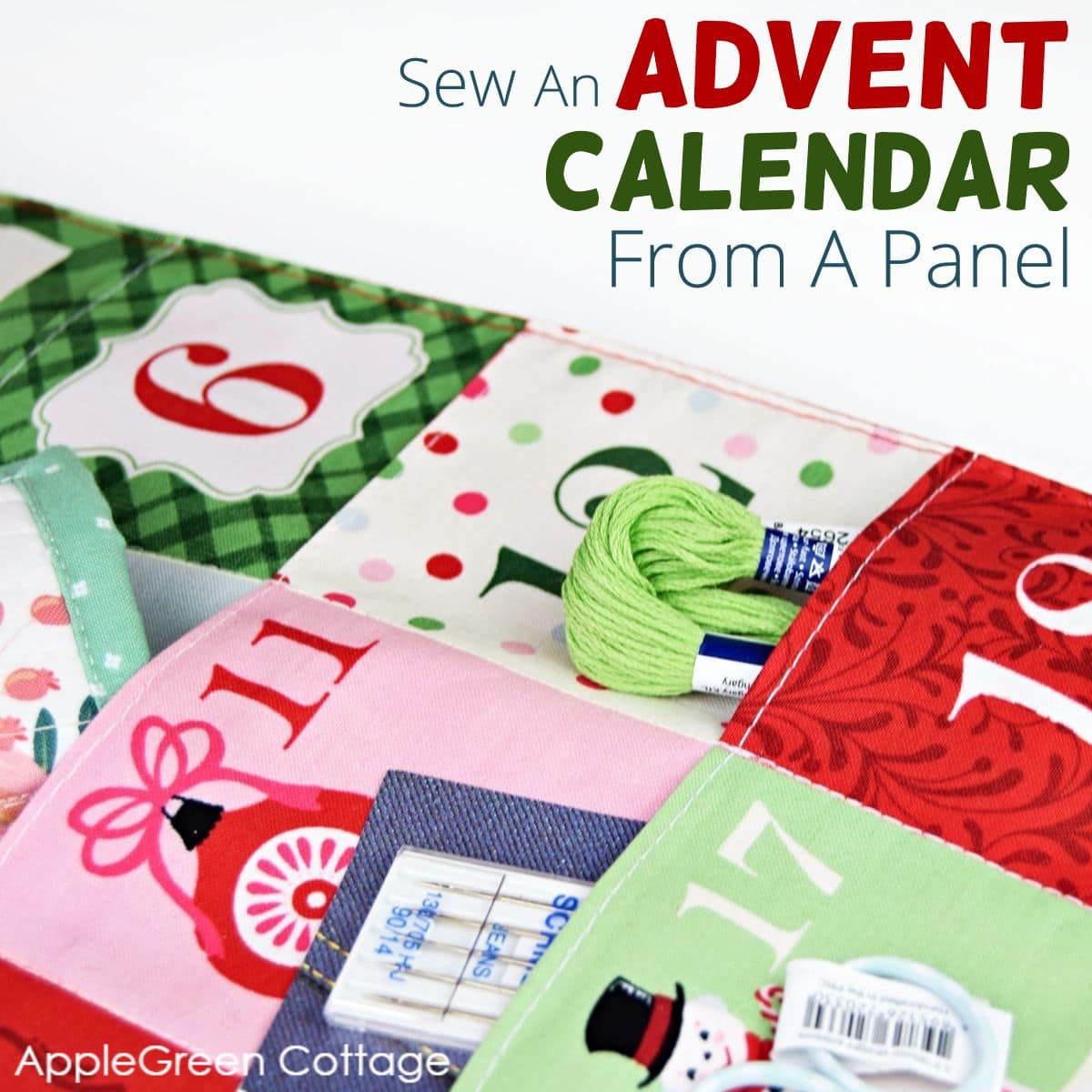 part of a diy fabric advent calendar showing full pockets of sewing gifts