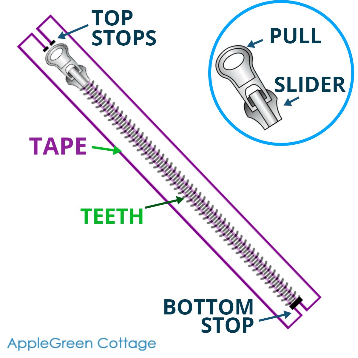 parts of a zipper with explanations drawn on white background