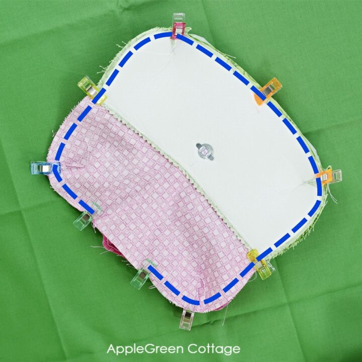 sewing together the fabric pieces of eyeglasses case pattern