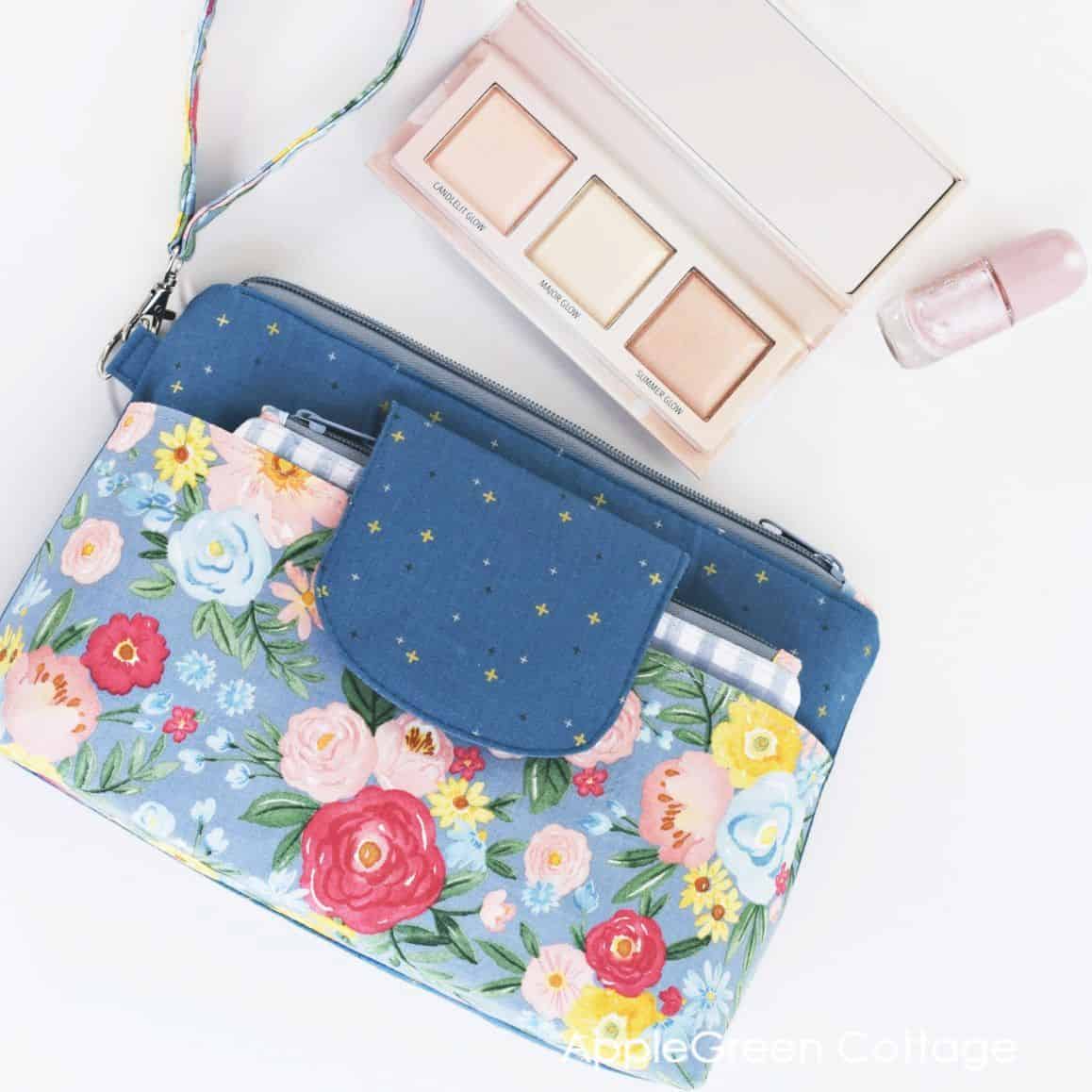 zipper pouch pattern sewn with a floral print, featuring a large zippered pouch and a smaller removable pouch for versatile storage.