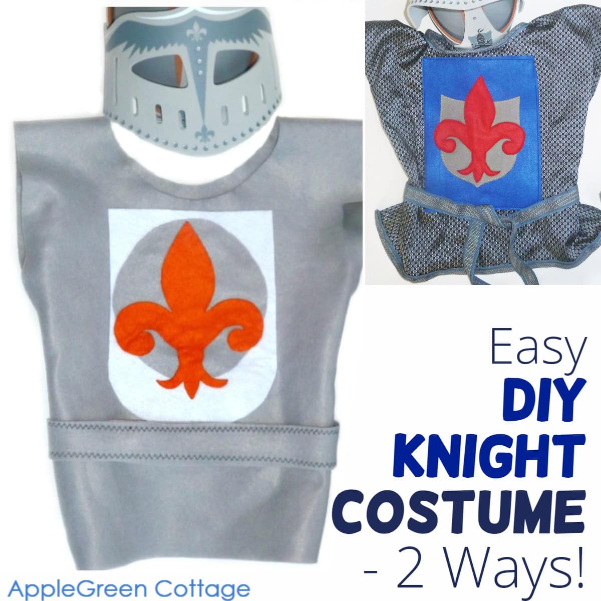 two similar, homemade  knight costumes with appliqued fleur de lys