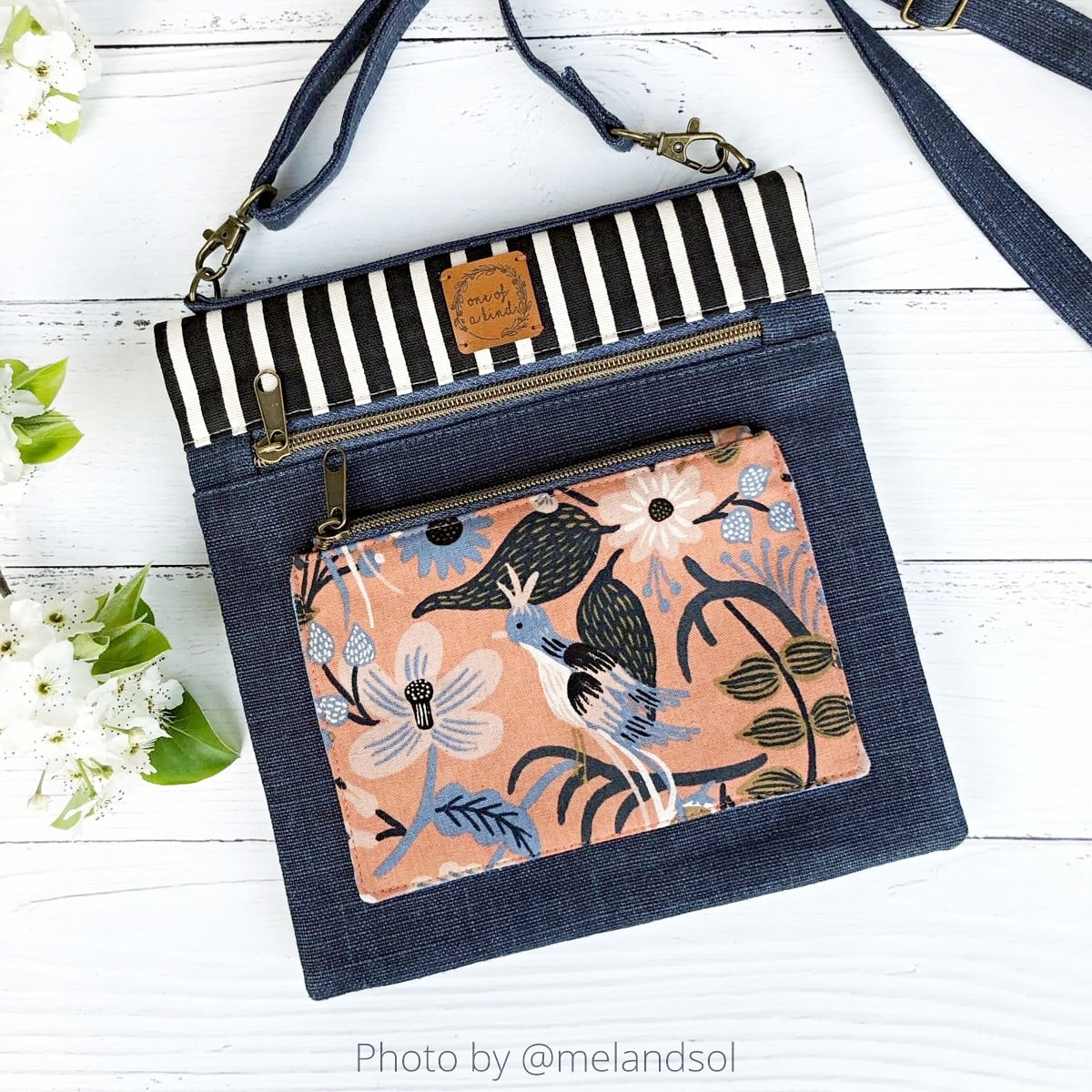 crossbody bag in denim and florals