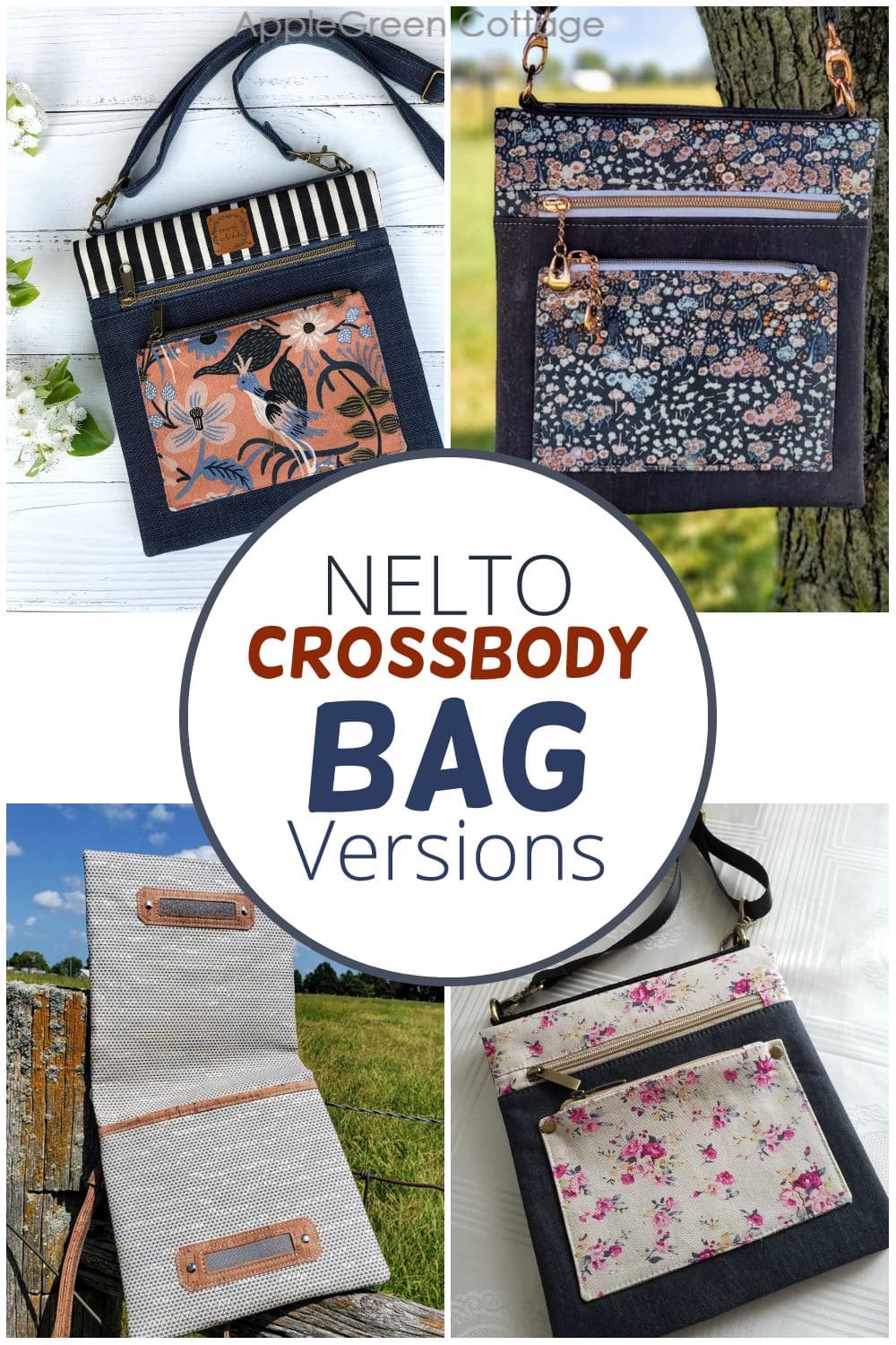 crossbody bag pattern versions shown in a grid