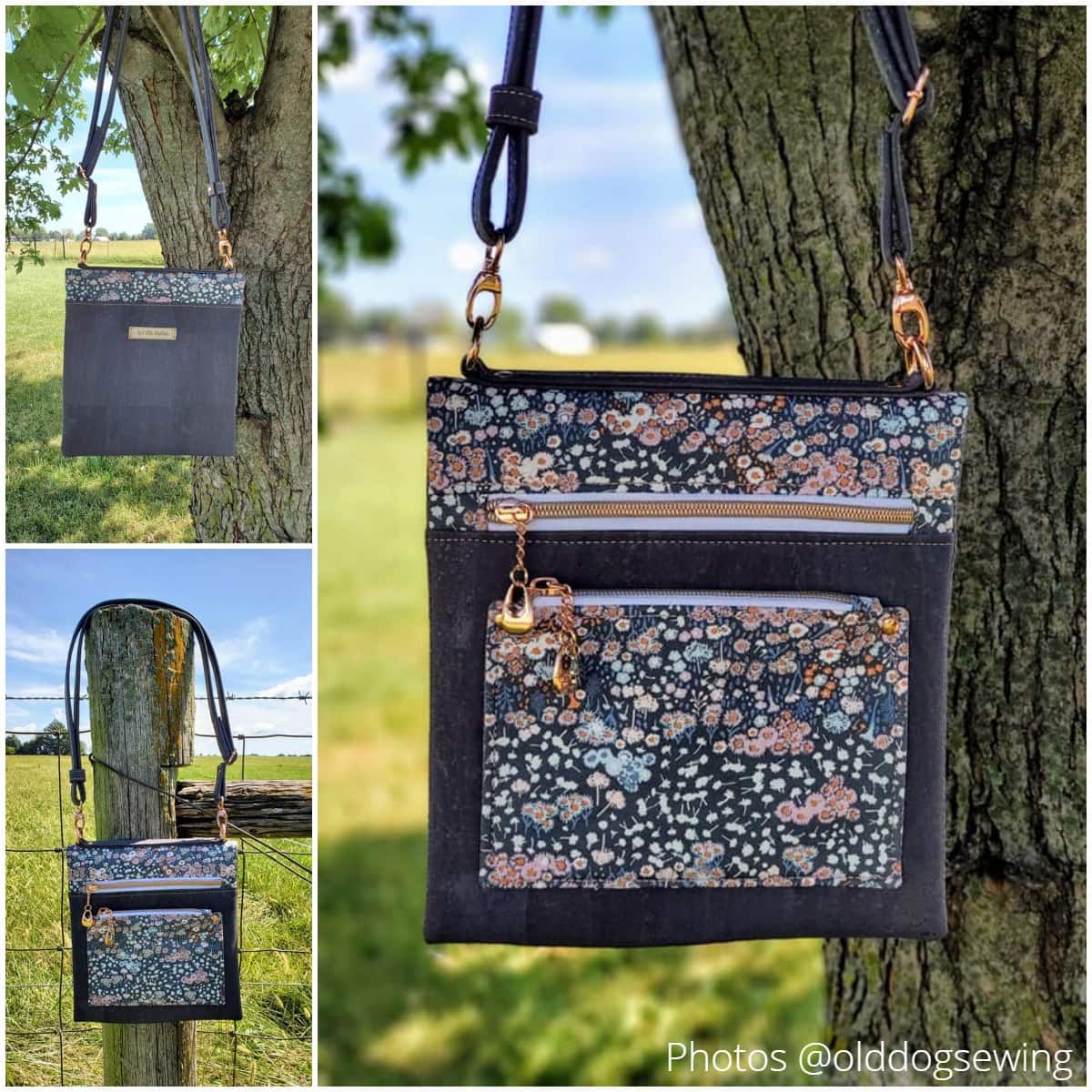 beautiful crossbody bag with cork and florals sewn with the nelto crossbody bag pattern