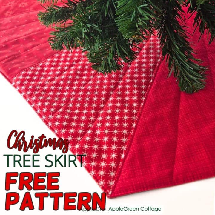 Quilted red hexagon Christmas tree skirt sewing pattern - free pattern by AppleGreen Cottage.