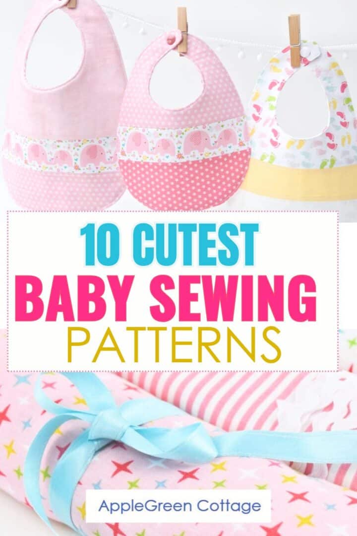 easy baby sewing patterns in baby pink, tied with a light blue satin ribbon.