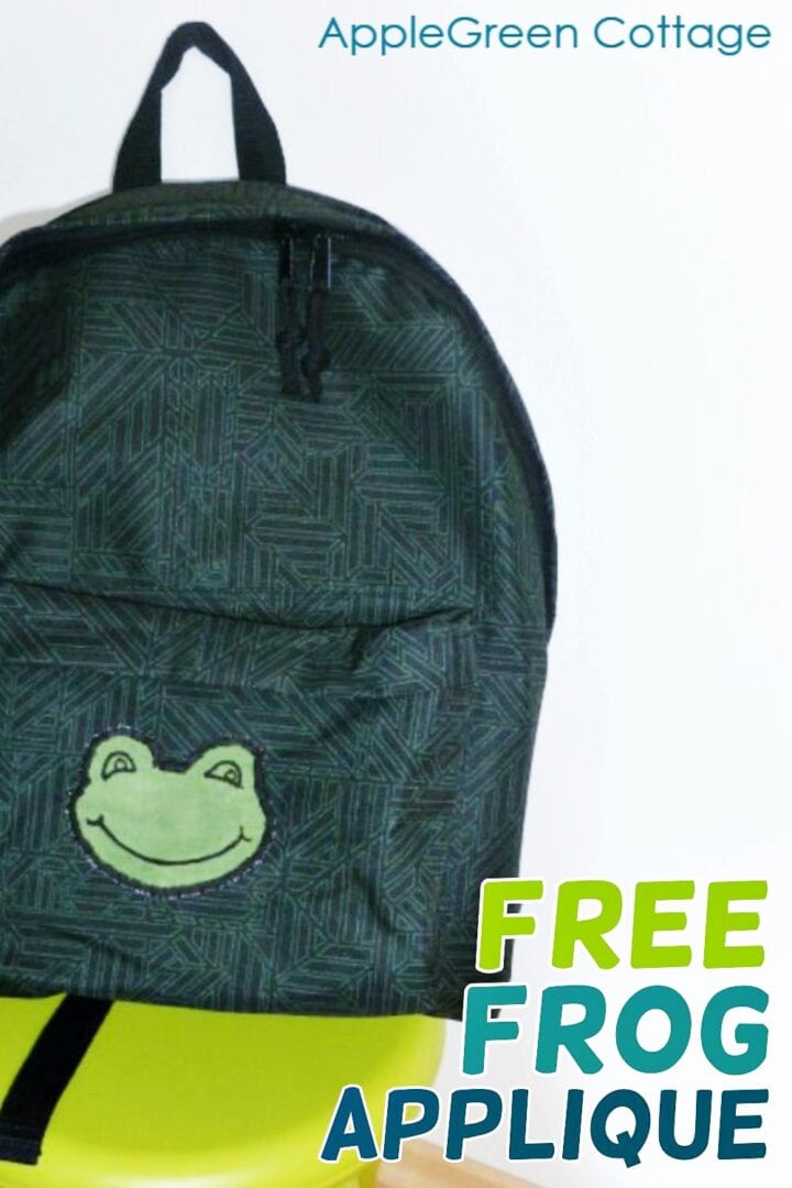 frog applique sewn onto a backpack