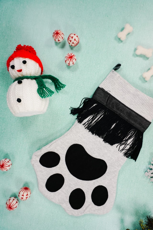 white and black homemade pet christmas stocking for pets on a light surface