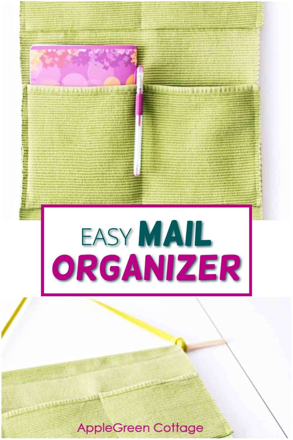 finished diy mail organizer in green fabric