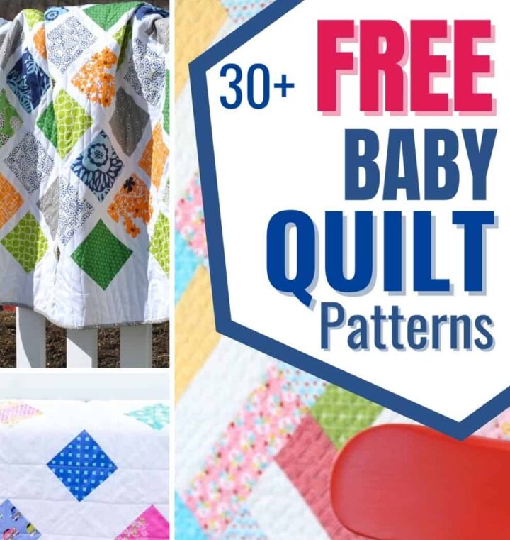 Three bright patchwork quilts and a text saying free baby quilt patterns.