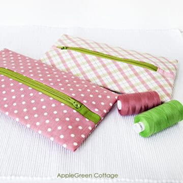 two fabric zipper pouches sewn with applegreencottage tutorial.