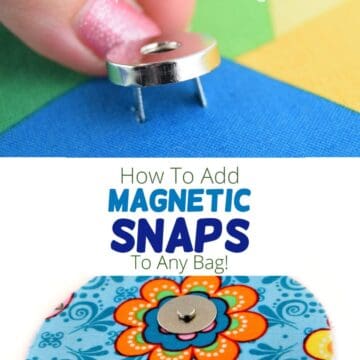 A hand attaching magnetic snaps to fabric, and a second magnetic snap on a bag flap.