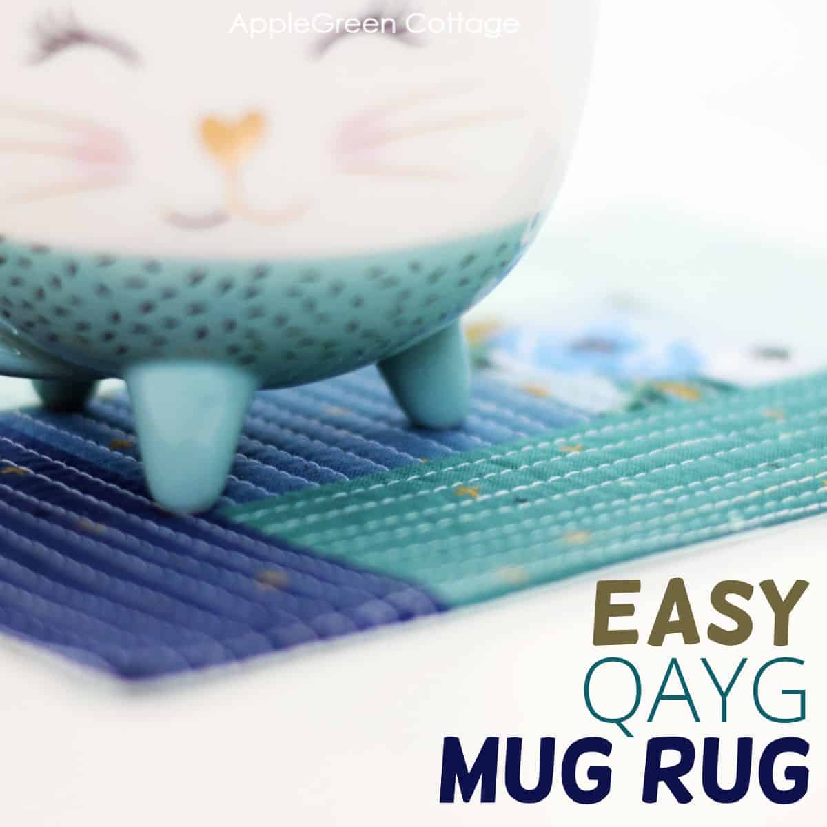 blue fabric quilt as you go mug rug