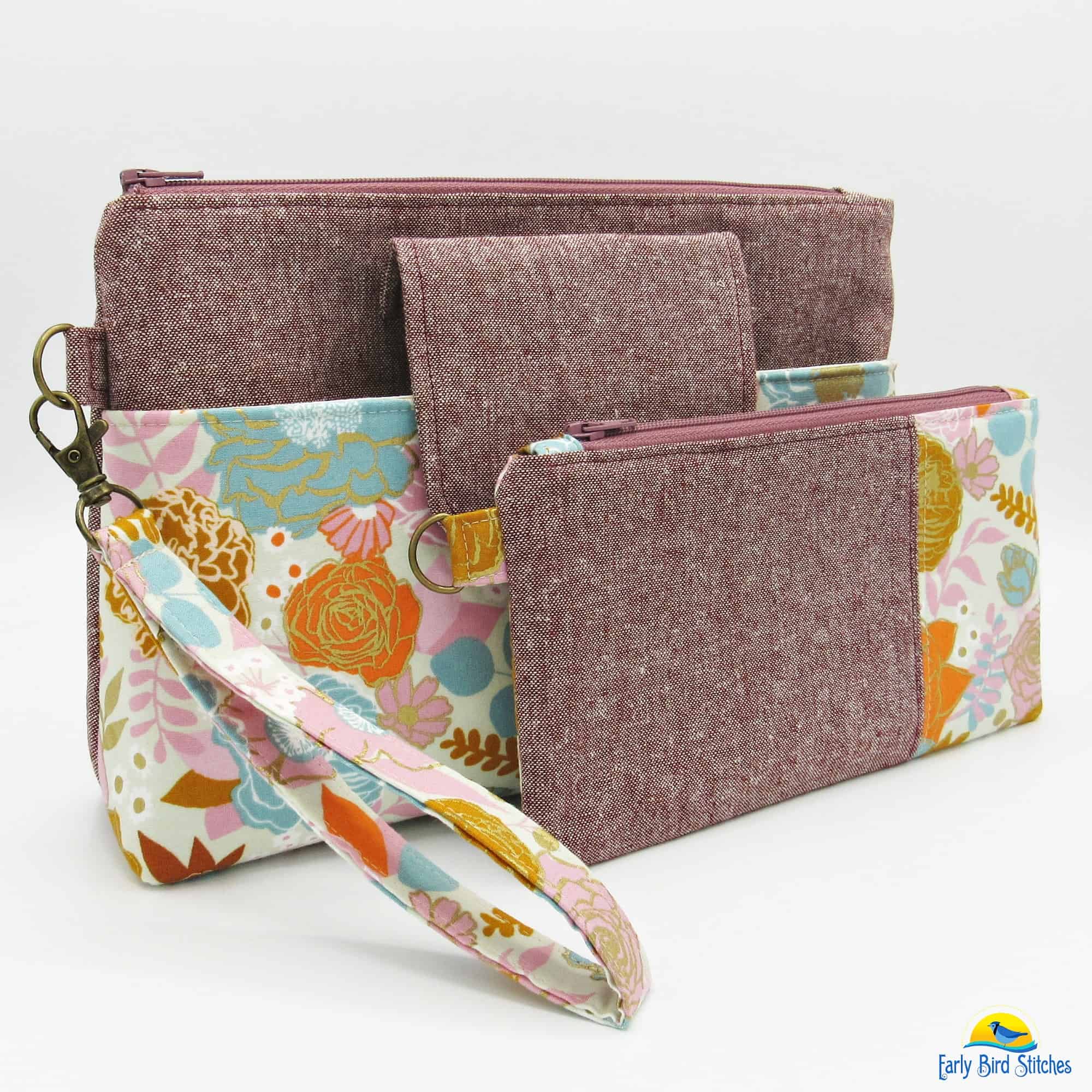 large handmade makeup bag set in essex Linen and gold glitter fabric