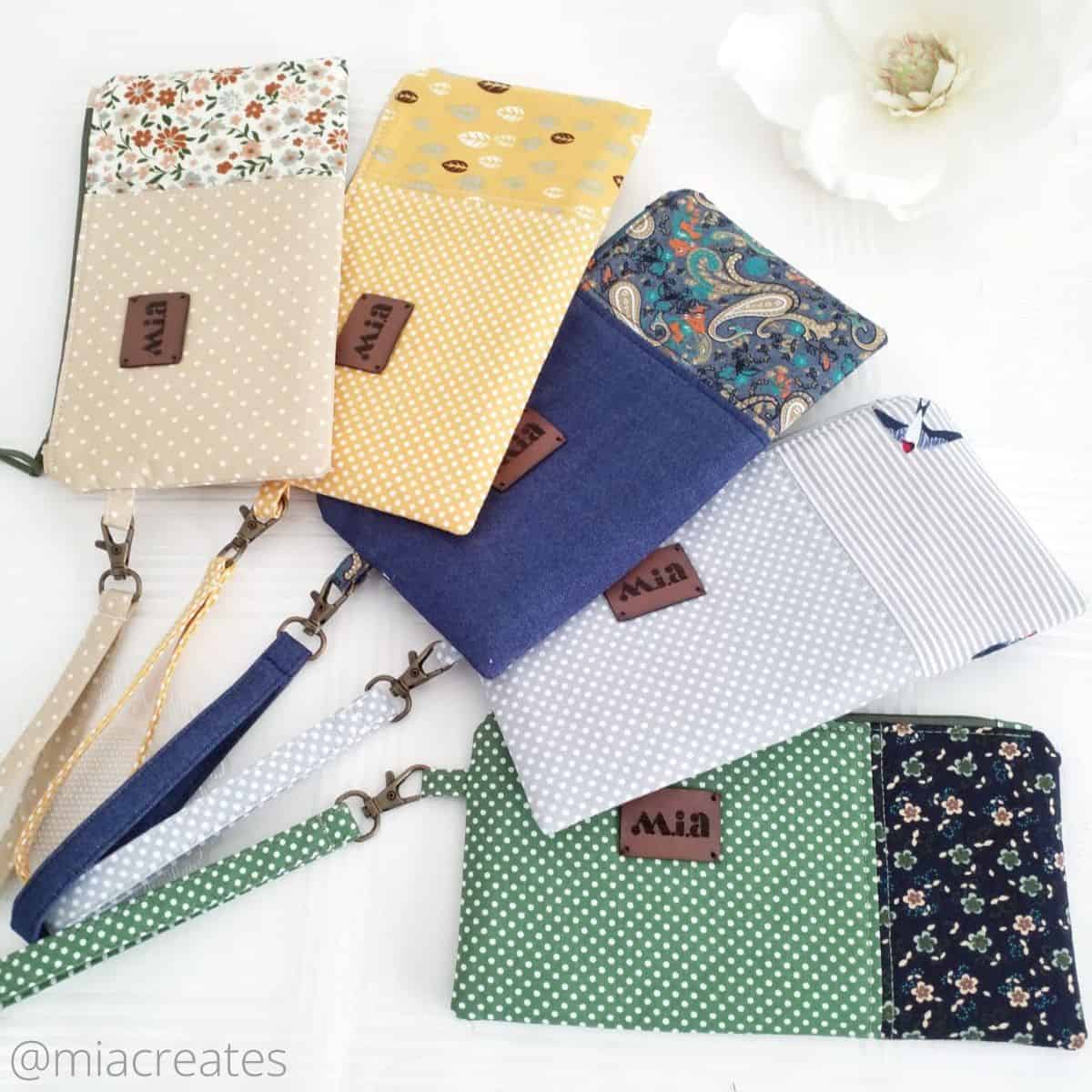 five small zipper pouches sewn with sila pouch pattern by applegreen cottage 