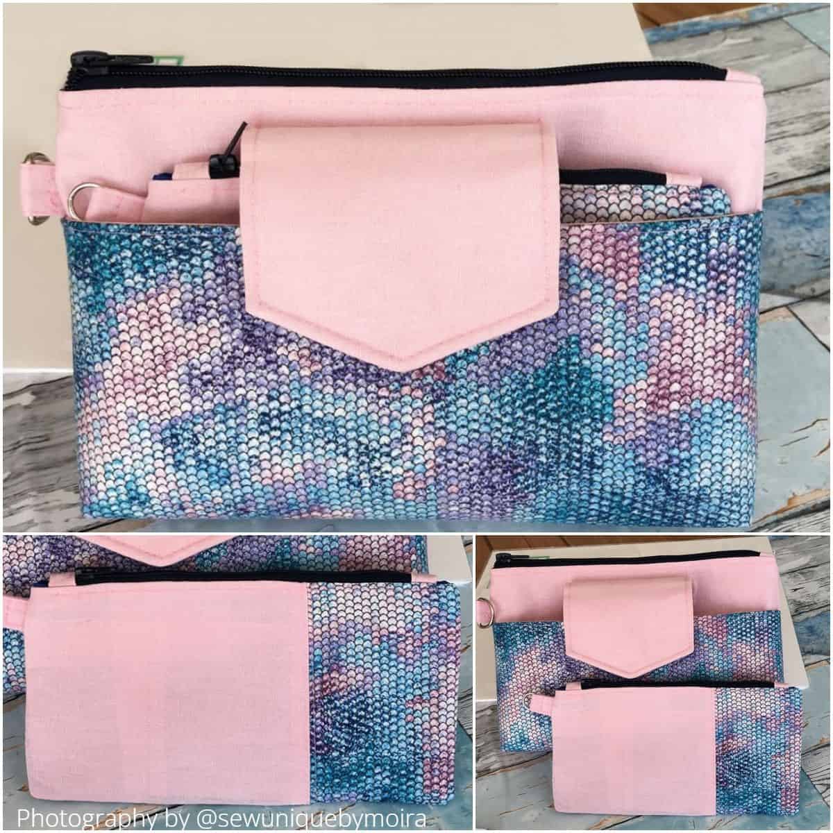 finished fabric cosmetic bag sewn with pink and blue and scale prints