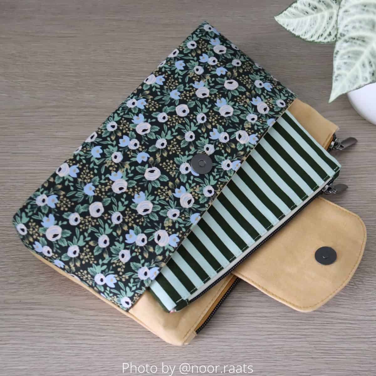 finished large handmade makeup bag with a flap and an extra pocket