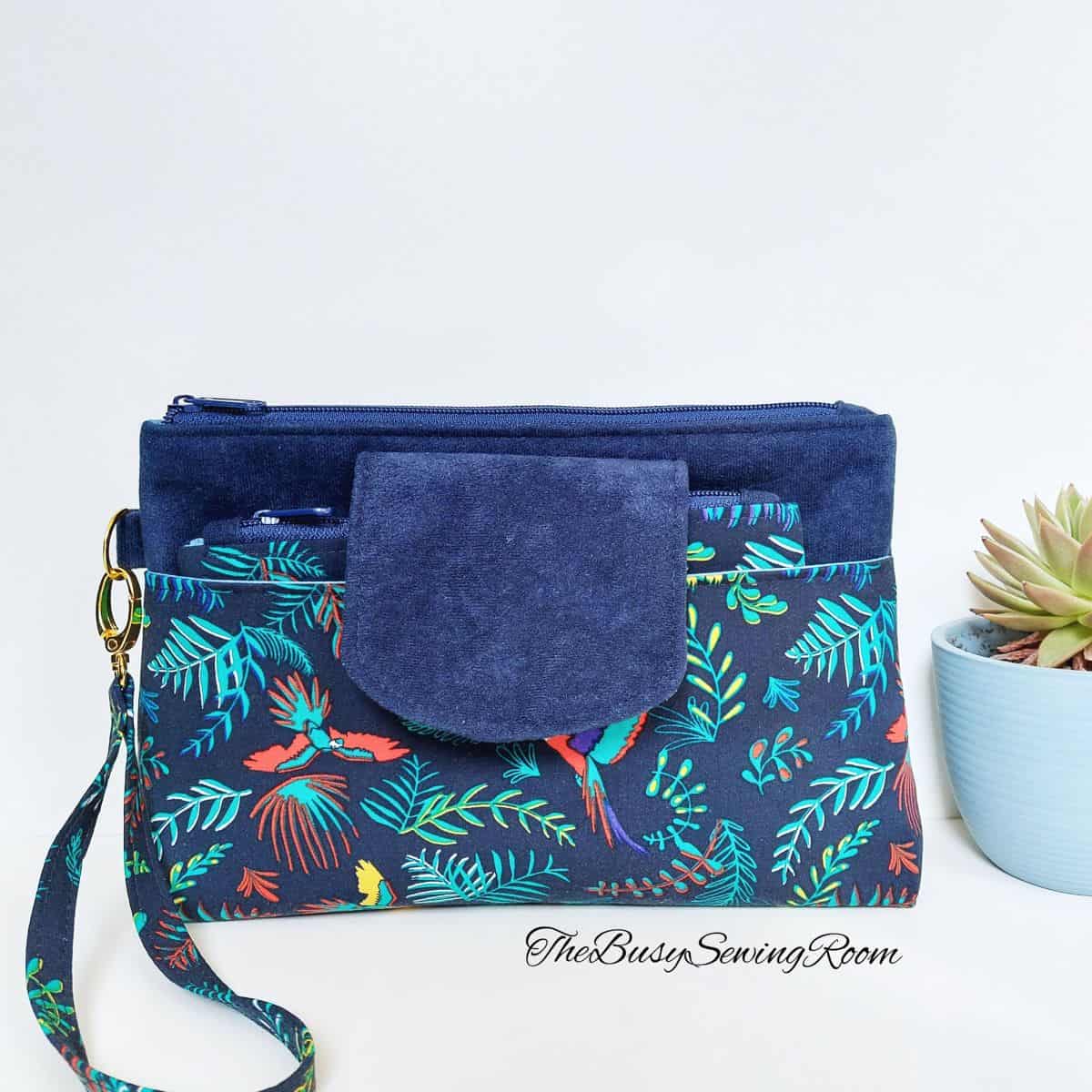 large handmade makeup bag sewn from teddy suede and Indian fabric print 