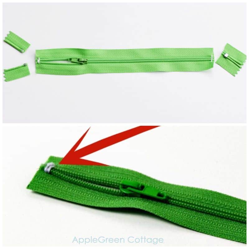 a green zipper cut off to be shortened and the ends are sewn together to make a diy zipper stop