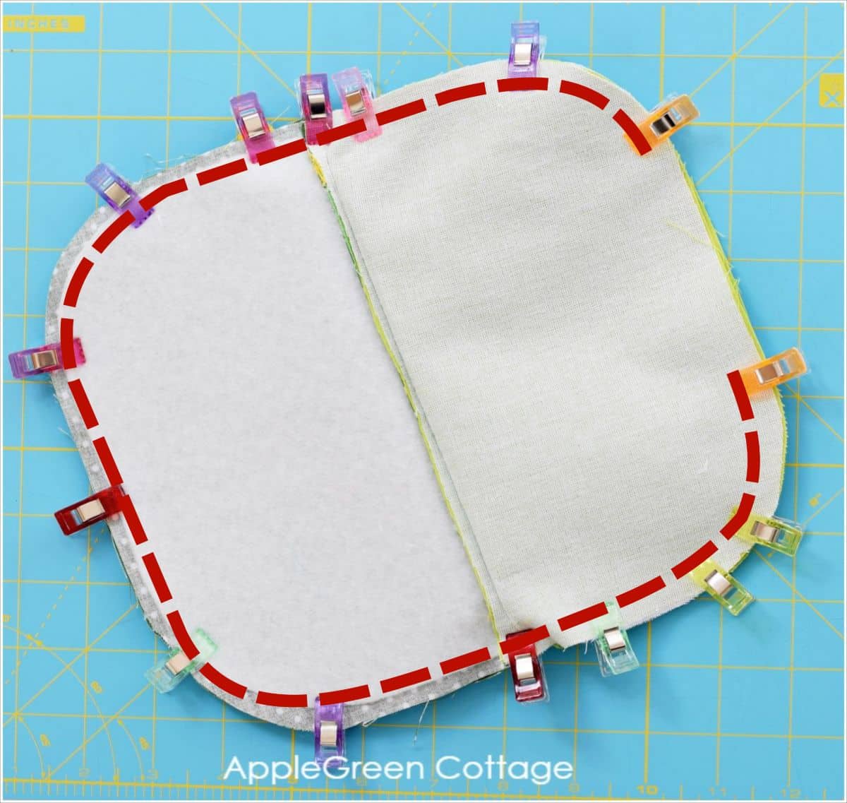 pieces of a zipper pouch to be sewn together, layers are held together by sewing clips