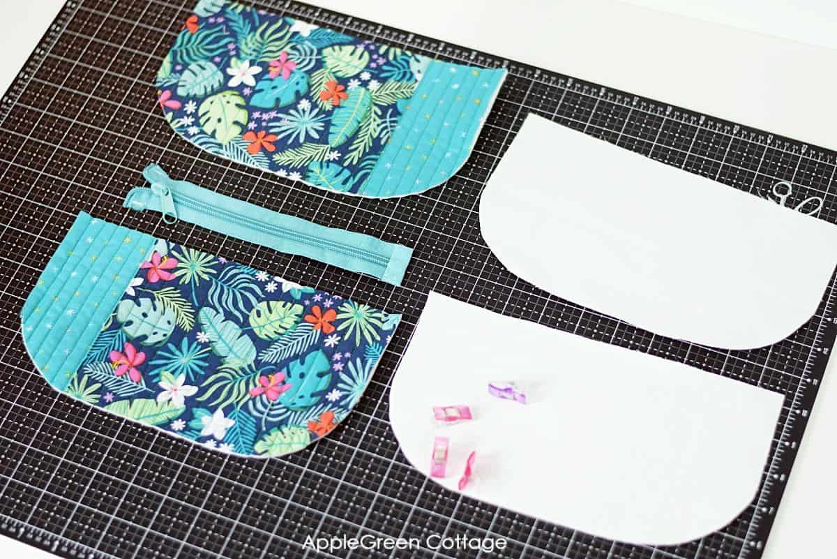 fabric pieces needed to assemble a quilted zipper pouch