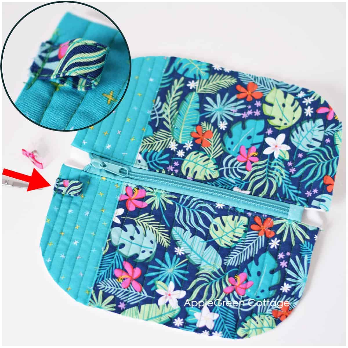 detail on a semi-finished quilted zipper pouch showing where to place the side pull