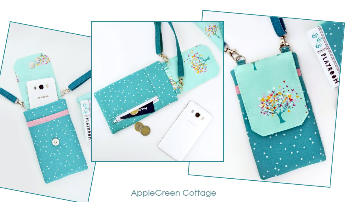 aiden a finished handmade phone bag with pockets, flap, and a crossbody strap, sewn with applegreencottqage sewing pattern.