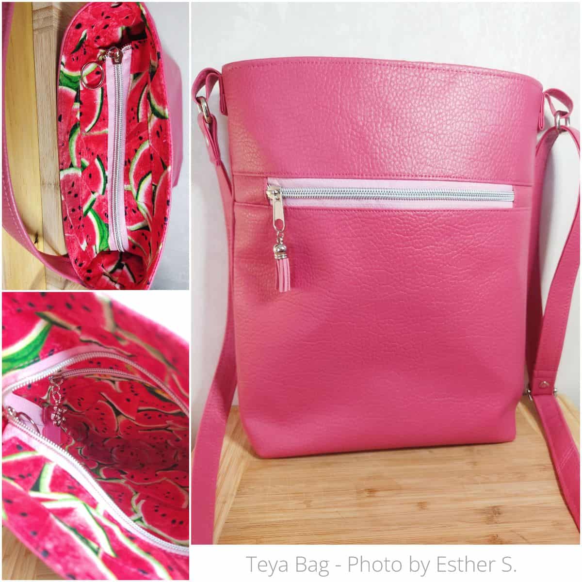 finished crossbody tote in pink and with watermelon print accents