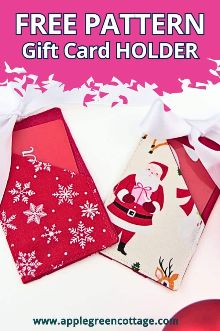 a finished handmade christmas gift card holder in holiday themed fabric, sewn using a free gift card holder template