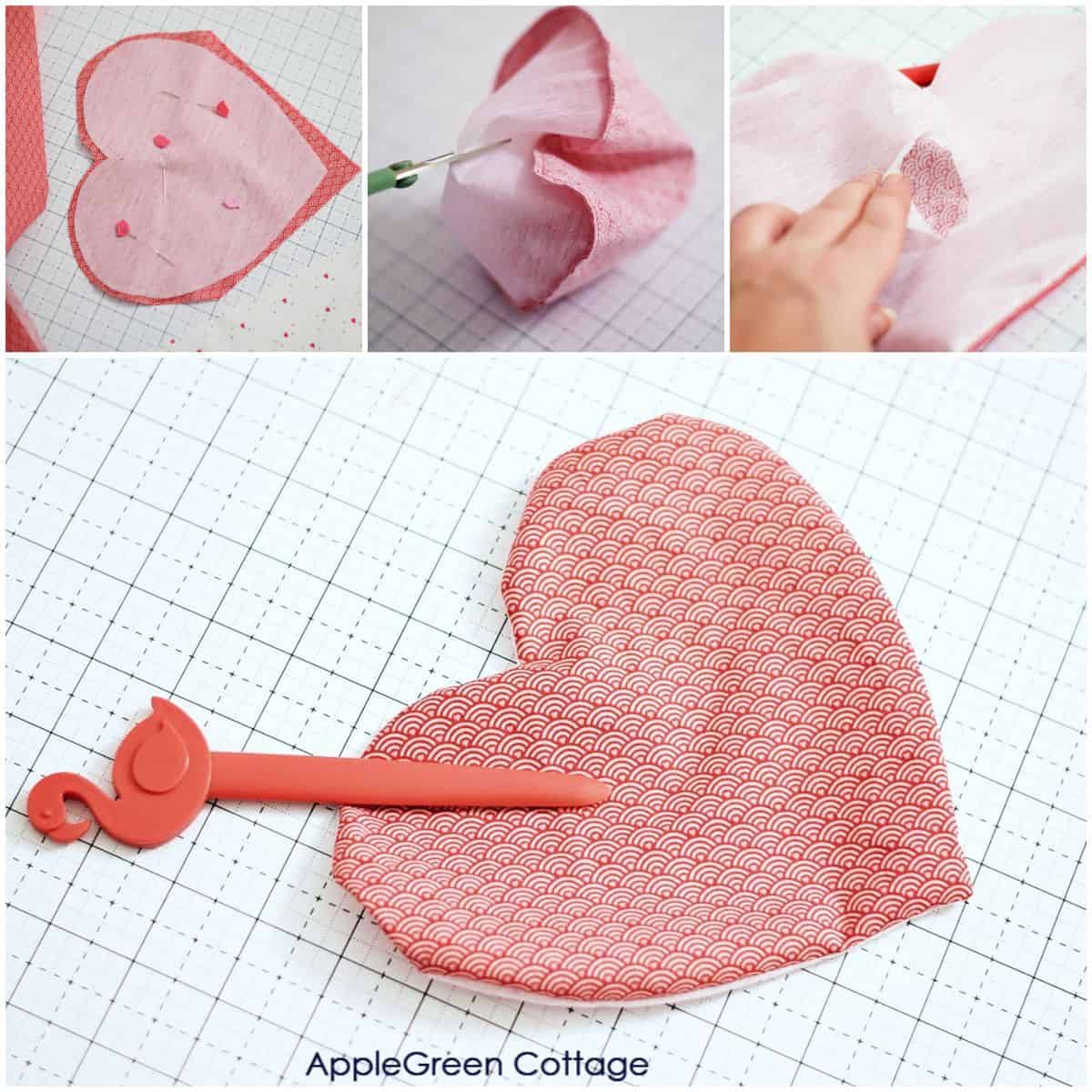 steps to make a turned-edge heart applique in red print fabric