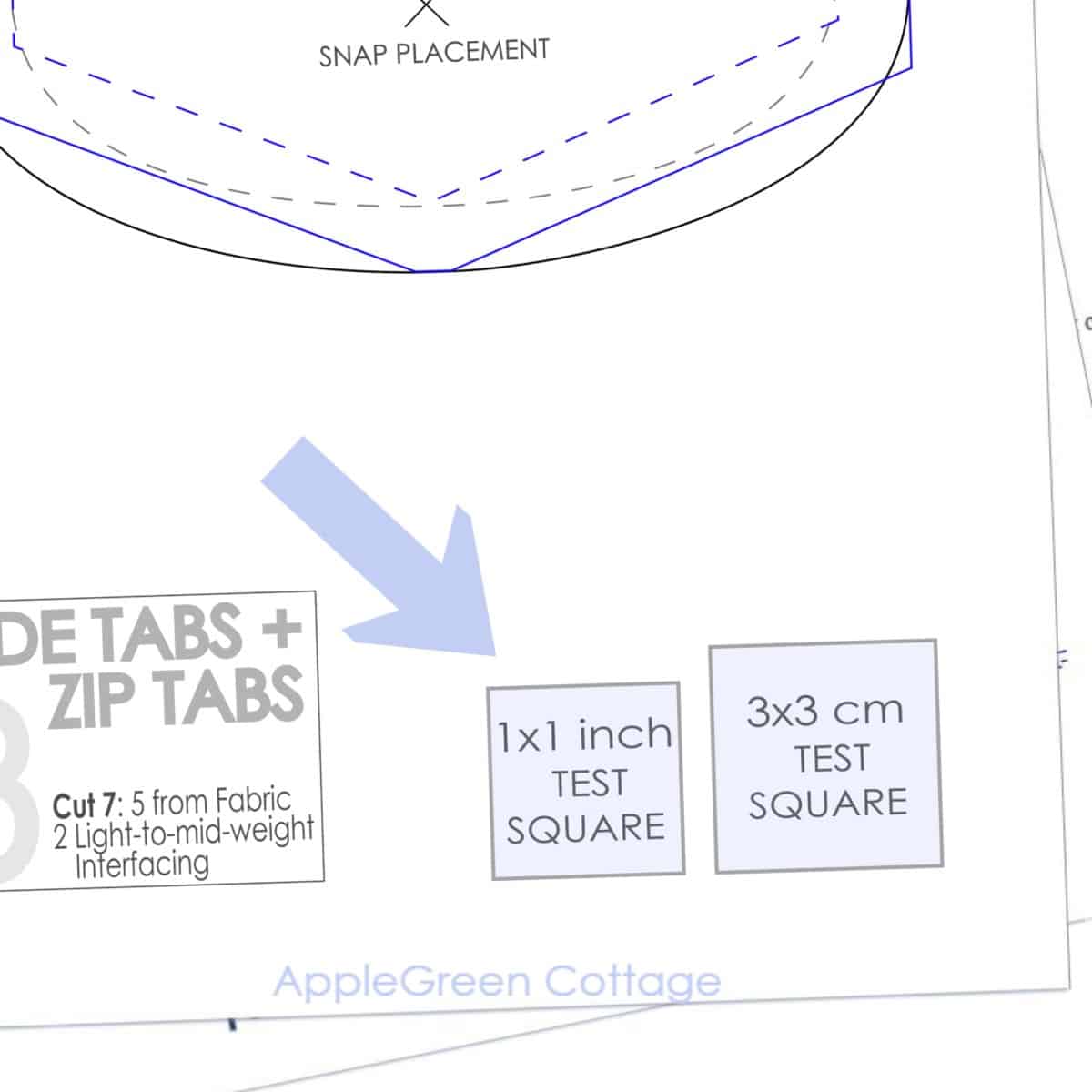 test squares on a printed pdf sewing pattern showing the correct size of the pattern