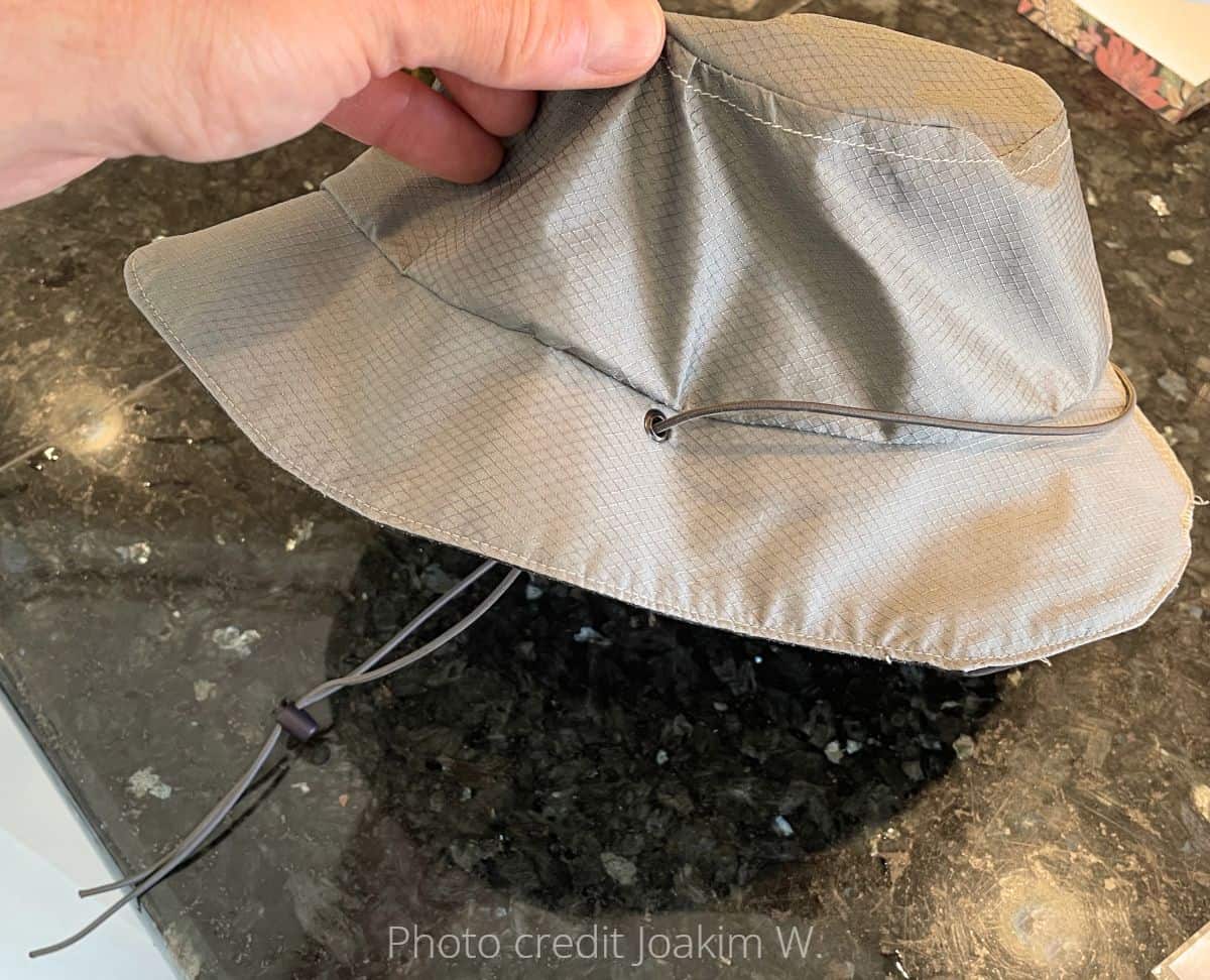 a finished bucket hat with the grommet installed to make a chin strap.