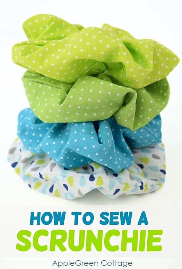 diy fabric scrunchies in bright polka dot fabric prints in aqua, yellow, light green and teal on a white background