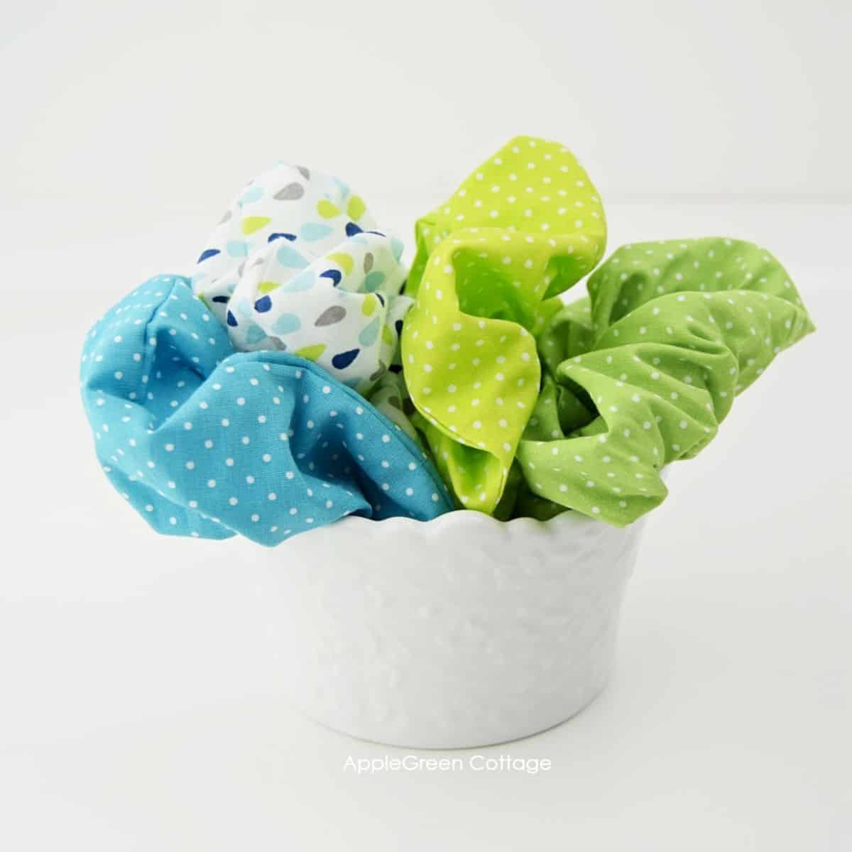 diy fabric scrunchies in a white ceramic bowl