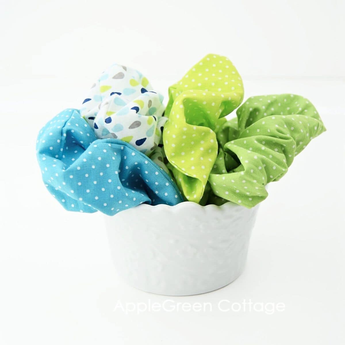 diy fabric scrunchies in a white ceramic bowl