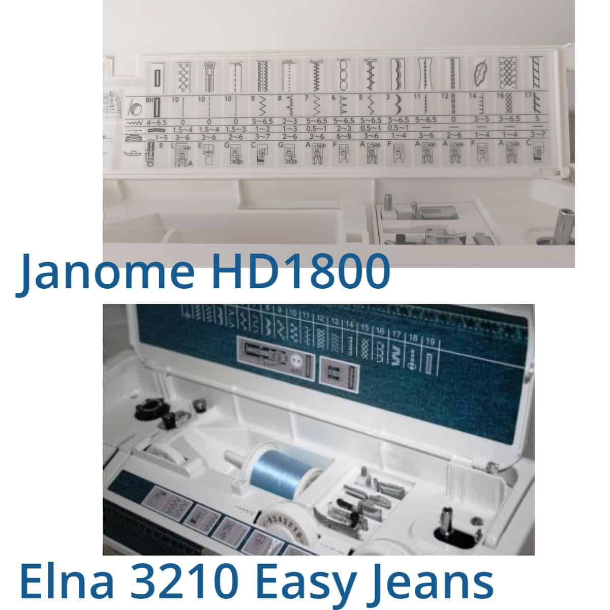 detailed view of top storage box of two models of heavy duty sewing machines compared