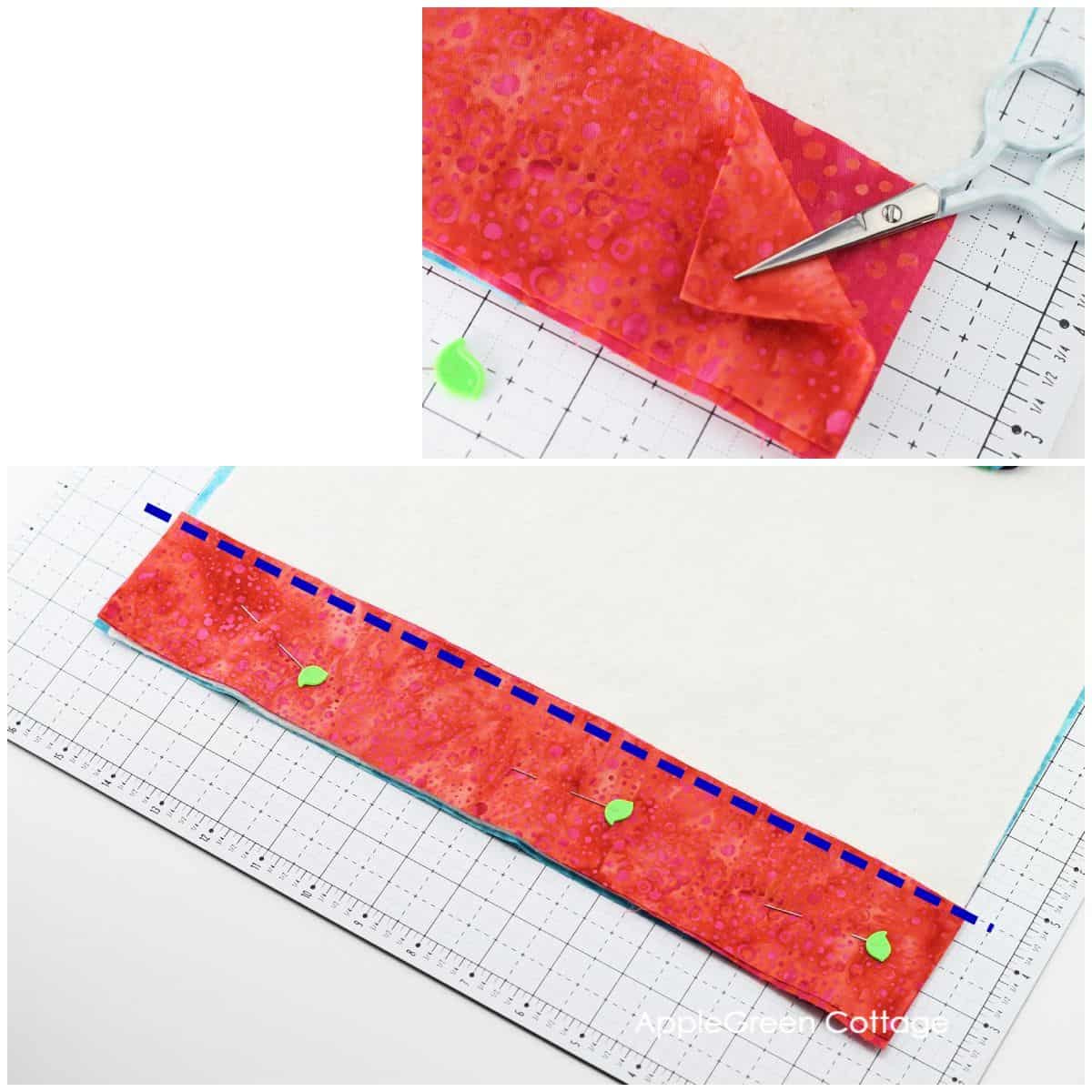 two stripes of fabric sewn to a piece of  backing fabric and to the batting with little scissors placed on it