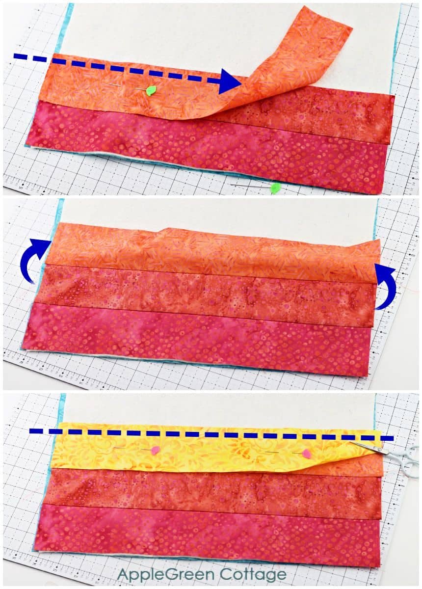 a step by step image of how to add pieces to a quilt as you go block