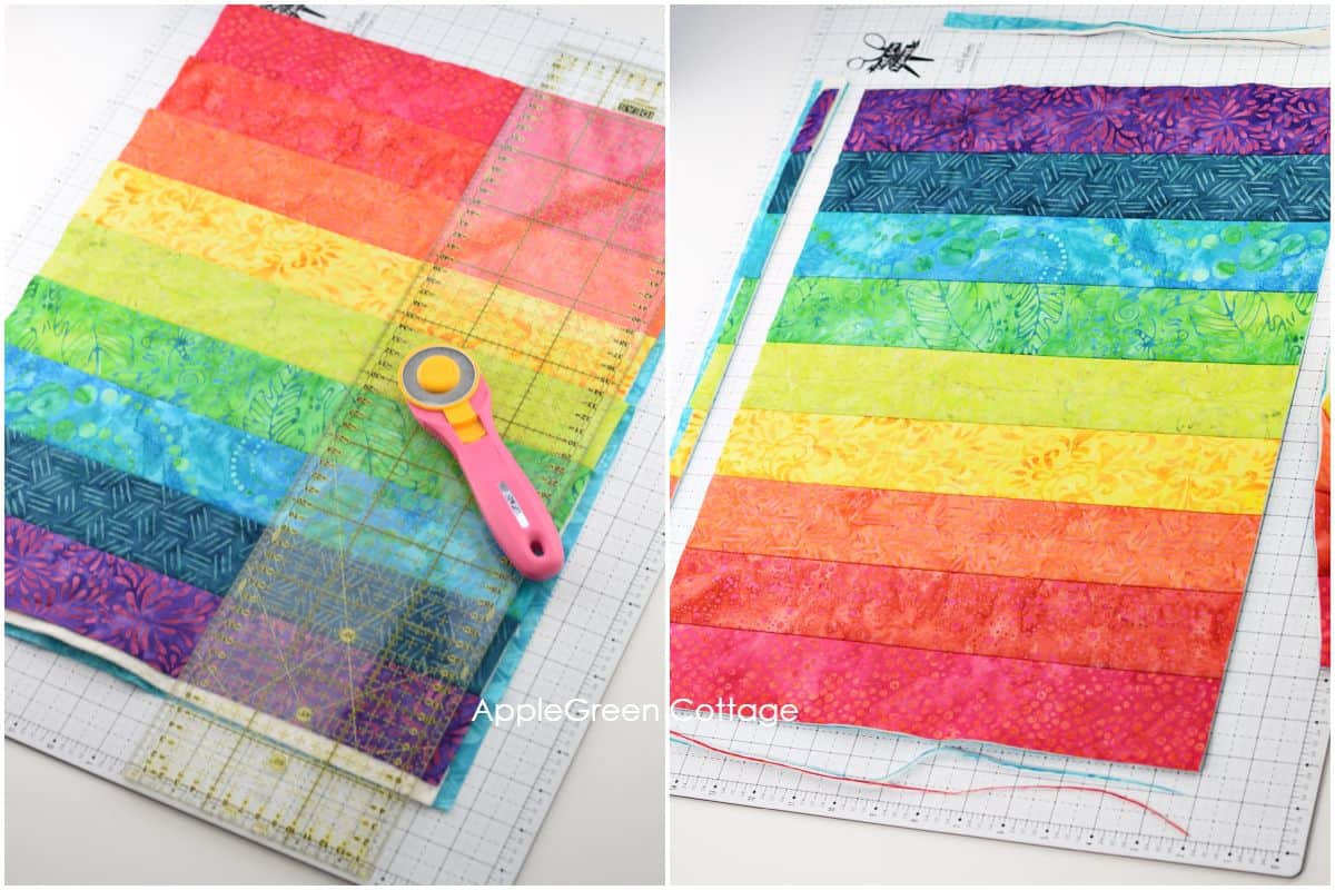 striped placemat quilt piece being squared up into the finished form