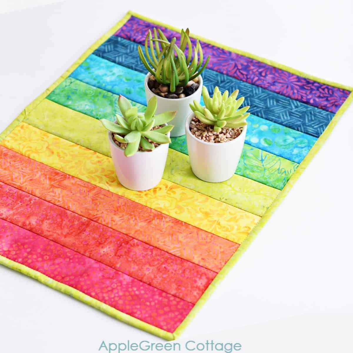 finished quilted placemat in rainbow colors with three small pots of flowers