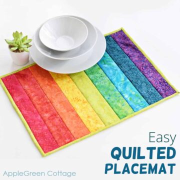 easy quilted placemat in rainbow colors and quilt as you go technique