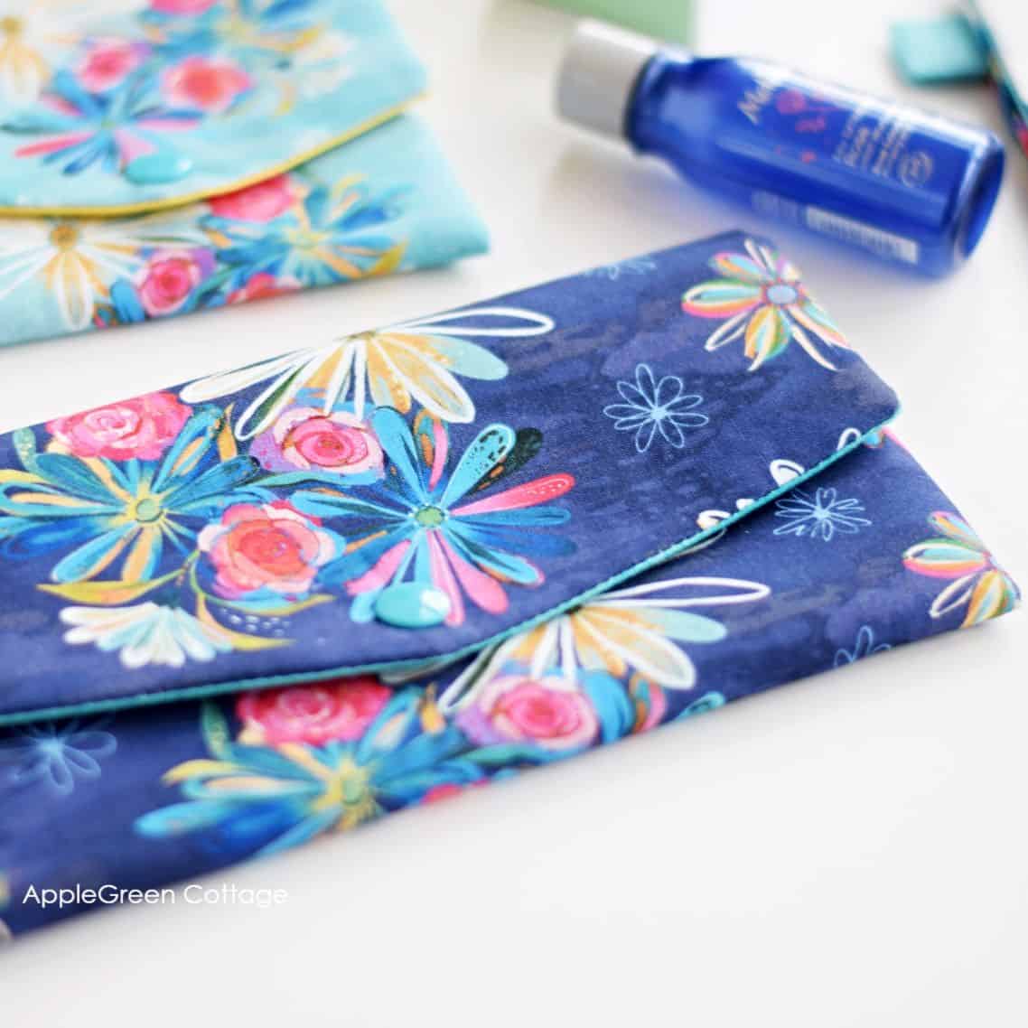 finished mia snap pouch in blue floral fabric as a diy gift