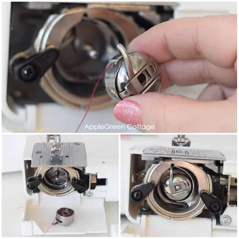 a hand holding a bobbin case to be loaded into the front-load bobbin compartment on a sewing machine