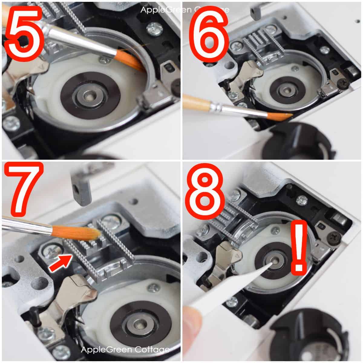 a brush cleaning the sewing machine hook race compartment